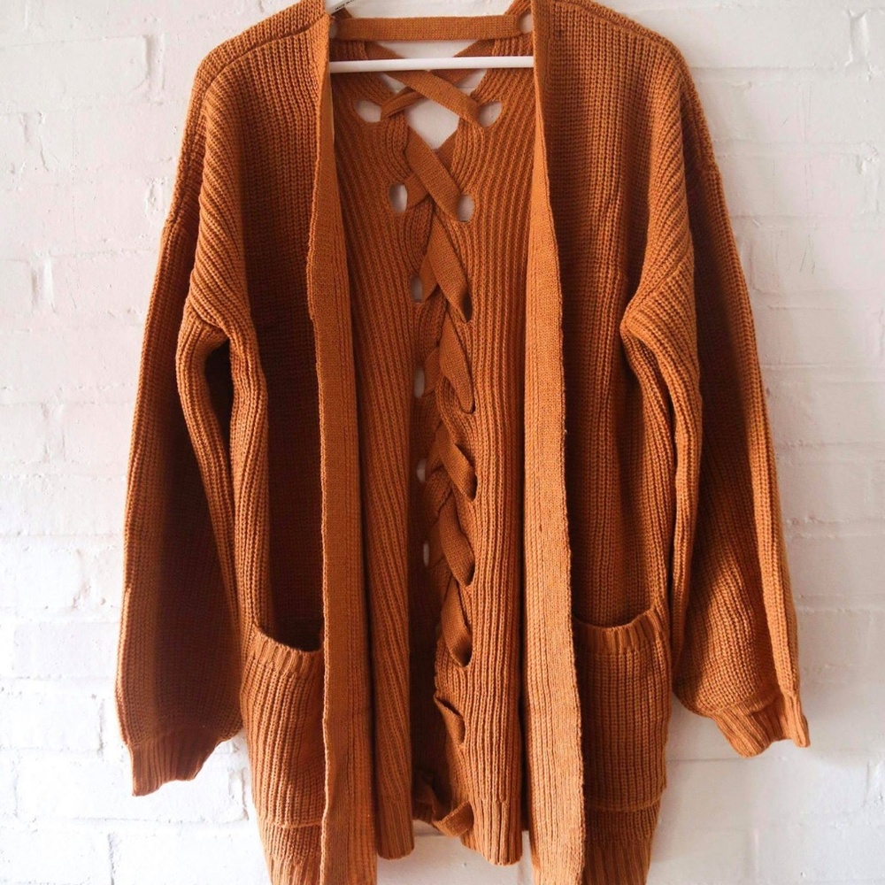 Orange Lace Up Cardigan Sweater - Picture 3 of 5